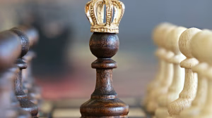 A brown pawn with a crown stands prominently on a chessboard, symbolizing strategic play.